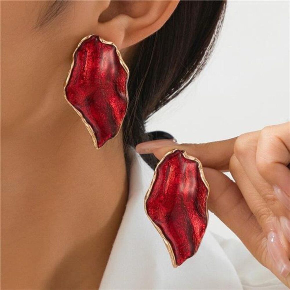 Red & Green Leaf Statement Earrings | Boho Chunky Petal Studs